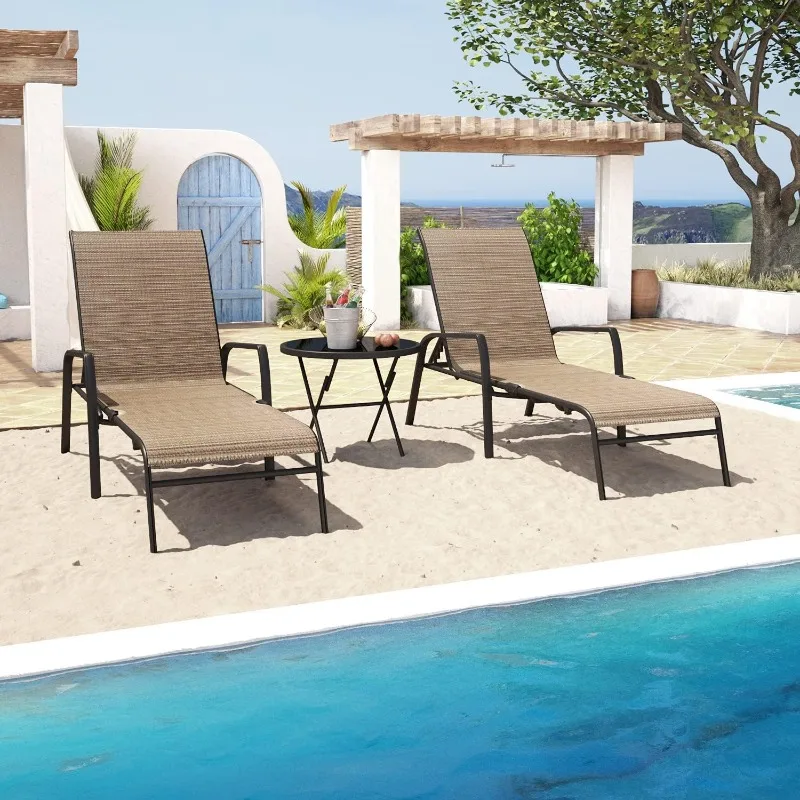 

Patio Chaise Lounges Sets Outdoor Lounge Chairs with Adjustable Backrest & Sturdy Glass Top Coffee Table Suitable for Poolside