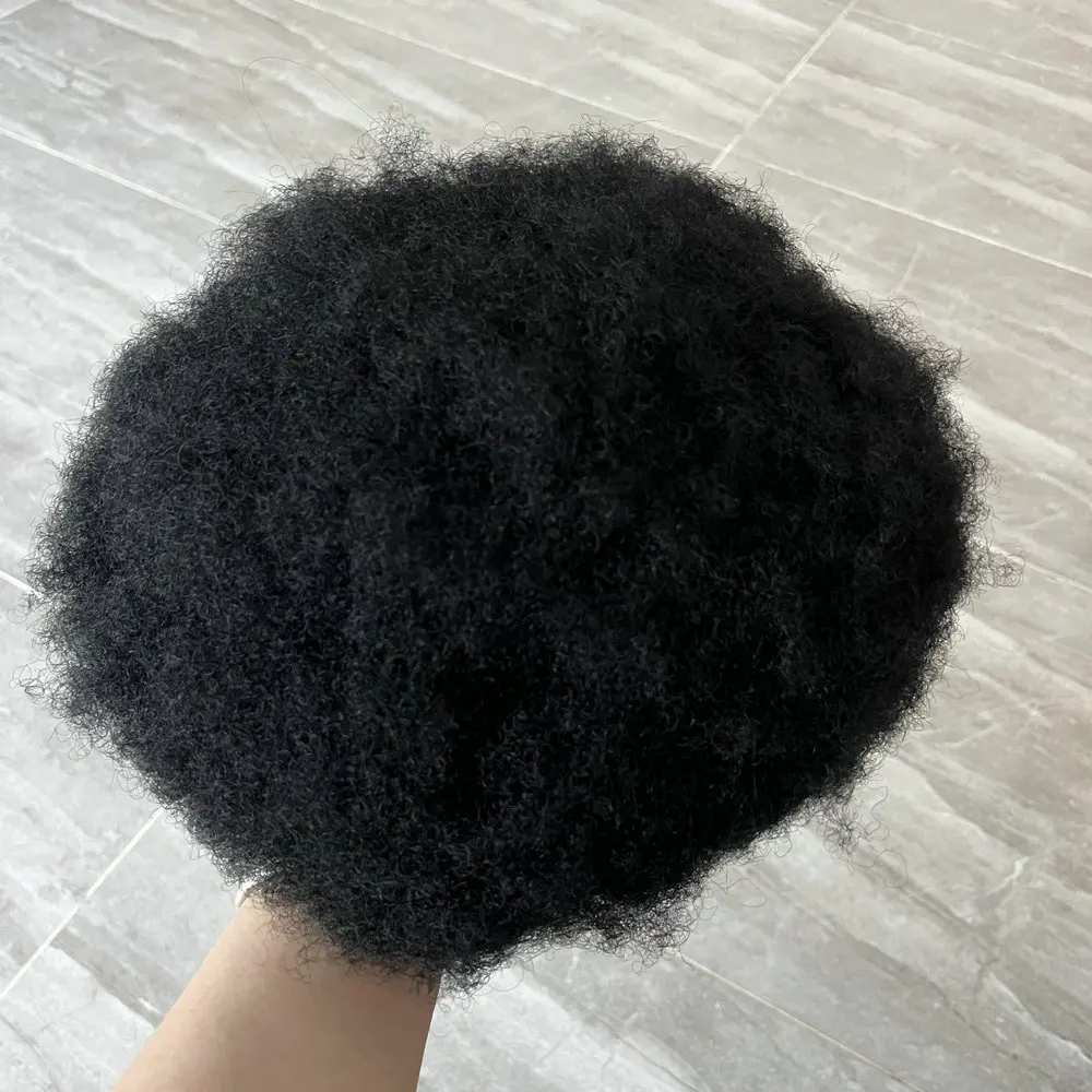 Afro-Haarteil für Männer, 4 mm/6 mm, lockig, super langlebig, aus Mono-Mesh und PU, braun, schwarz, aus Echthaar, atmungsaktives Haarteil-System. – Detail 3
