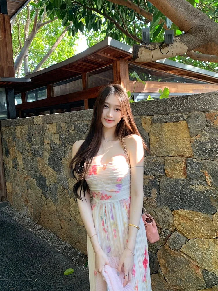 

Stazf7 Summer Floral Print Halter Neck Midi Dress Women's plus Size Elegant Vacation Style Pleated Long Skirt City Commute