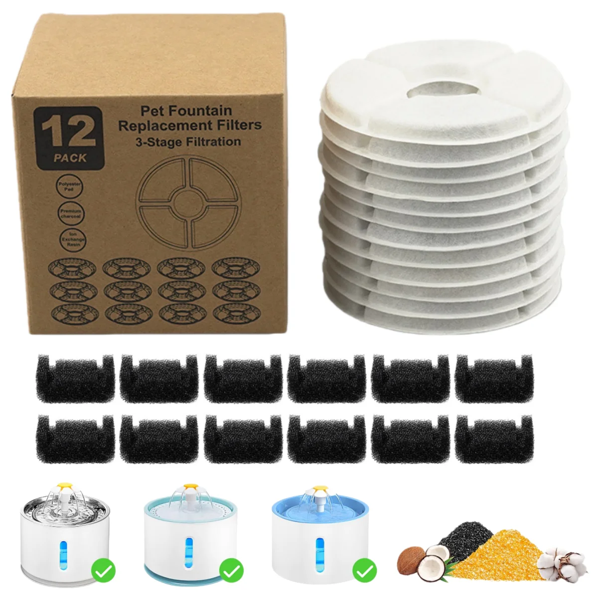 Kit de filtres de remplacement en charbon actif 4/8/12 pièces pour fontaine à eau pour chat, filtres de remplacement pour fontaine ronde pour animaux de compagnie (chien, chat)