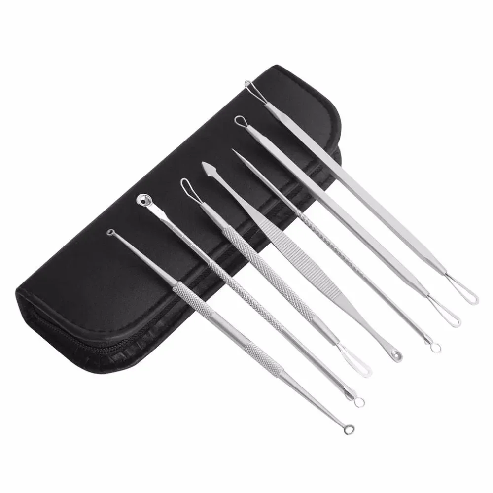 Spot Comedone Acne Needle Clip Pimple Tweezer Blemish Extractor + Bag Face Skin Care Tools 7pcs/bag Blackhead Remover Tools Kit