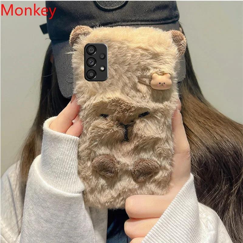 Ins Korean Cute 3D Capybara Soft Case For Samsung S24 Ultra S23 FE A05S A15 A25 A35 A55 A04E A14 A24 A34 A54 A42 Furry Fur Cover