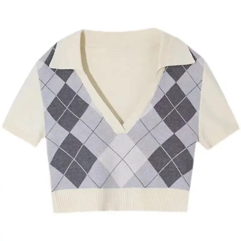 Zomer Nieuwe Patchwork Kleur Plaid Gestreepte Gebreide Top Vrouwen Loose Fit Cropped Korte Mouw Top Dunne Shirt V-hals Truien D559