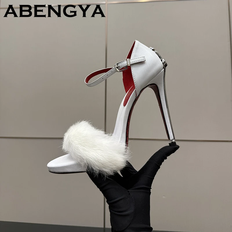 2026 Summer Fashion Fur High Heels Sandals Women Metal Decor Leather Ankle Buckle Stilettos Sexy Runway Party Pumps Shoes Female
