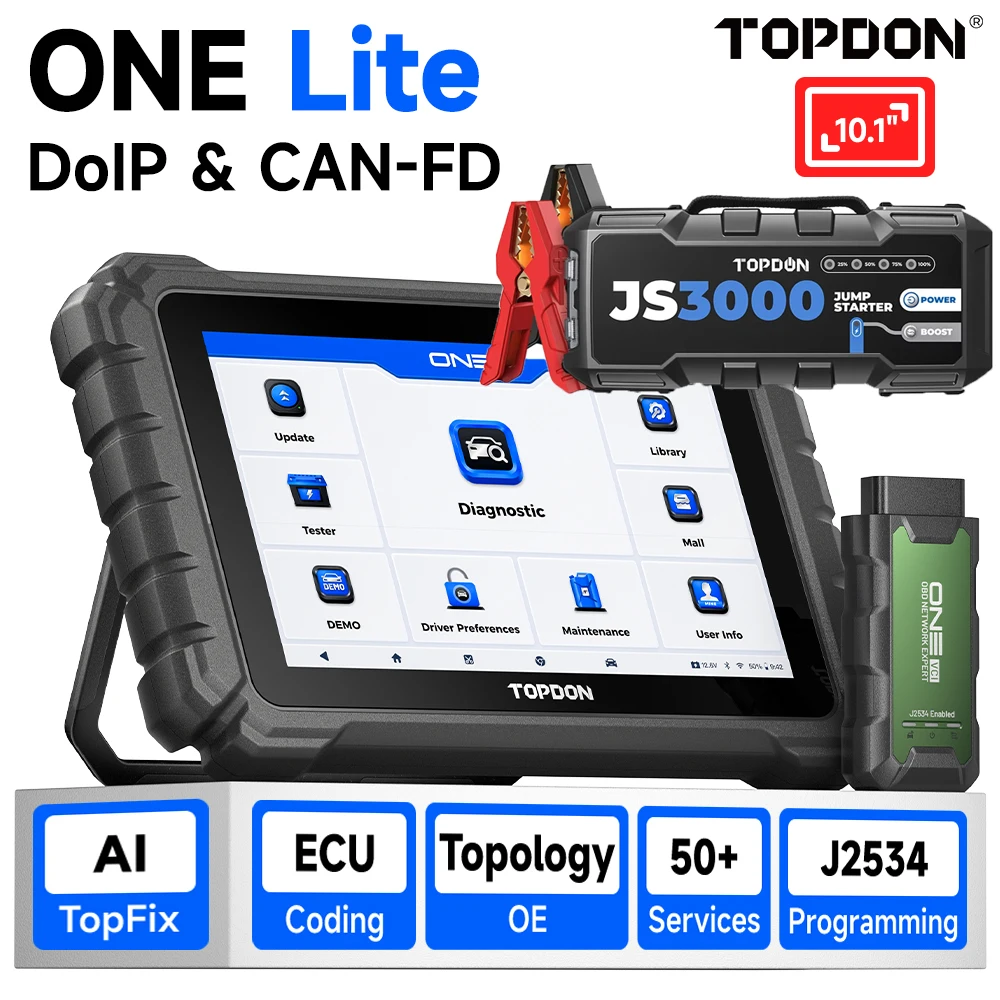 

Диагностический сканер TOPDON One Lite 10" для автомобилей, OBD2, все системы, CAN FD/DOIP, кодирование ЭБУ, J2534, активные тесты, 50 функций сброса, с JS3000