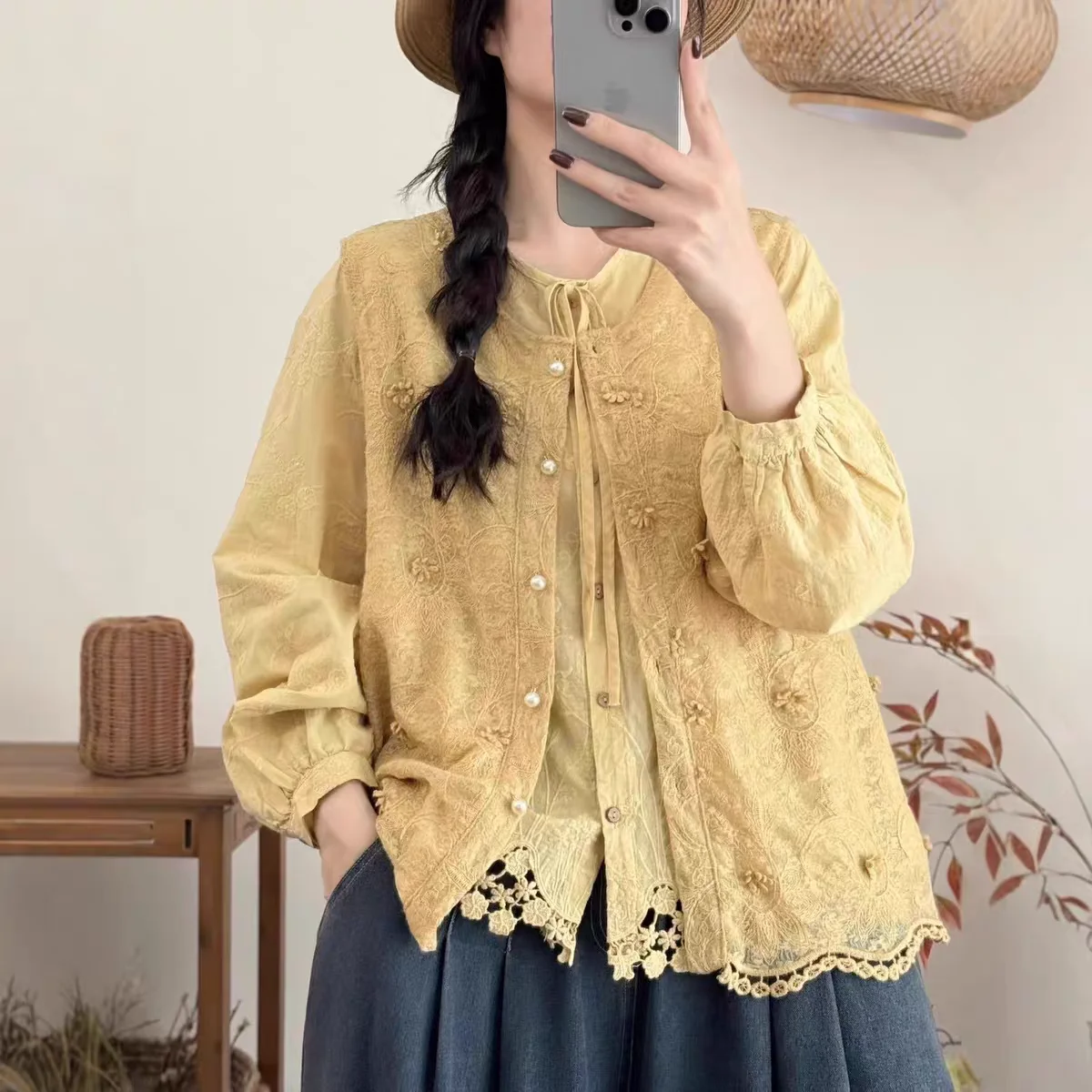 Dolce gilet ricamato Top da donna Faionable Stratificazione Capispalla oulera Jaet Miscela di cotone alla moda rotonda Ne Button-Up