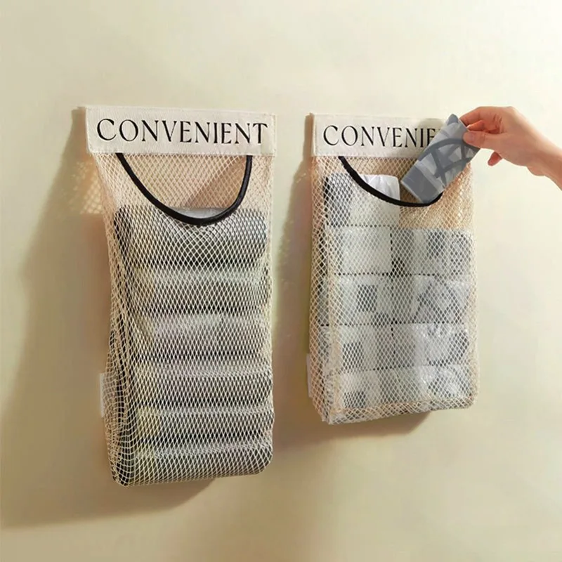 Wall Mount Mesh Storage Bag Garbage Bag Holder Plastic Shopping Bags Dispenser Sundries Bag Net Storage Grocery Bag Organizer