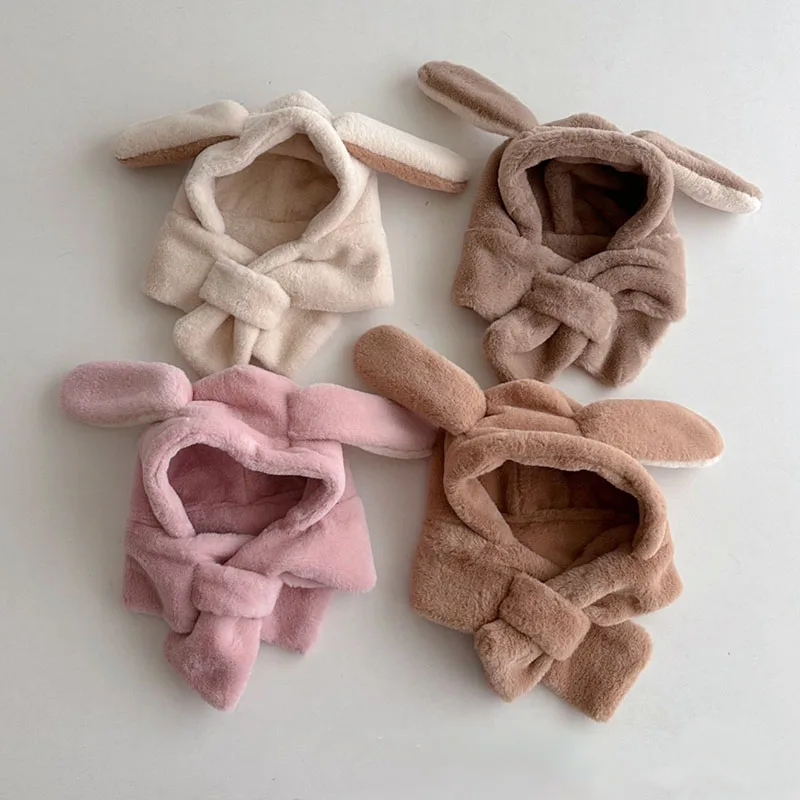 2023 Autumn Winter Kids Scarf Hats For Girls Boys Thicken Fleece Warm Caps With Rabbit Ear Newborn Baby Cute Cartoon Beanie