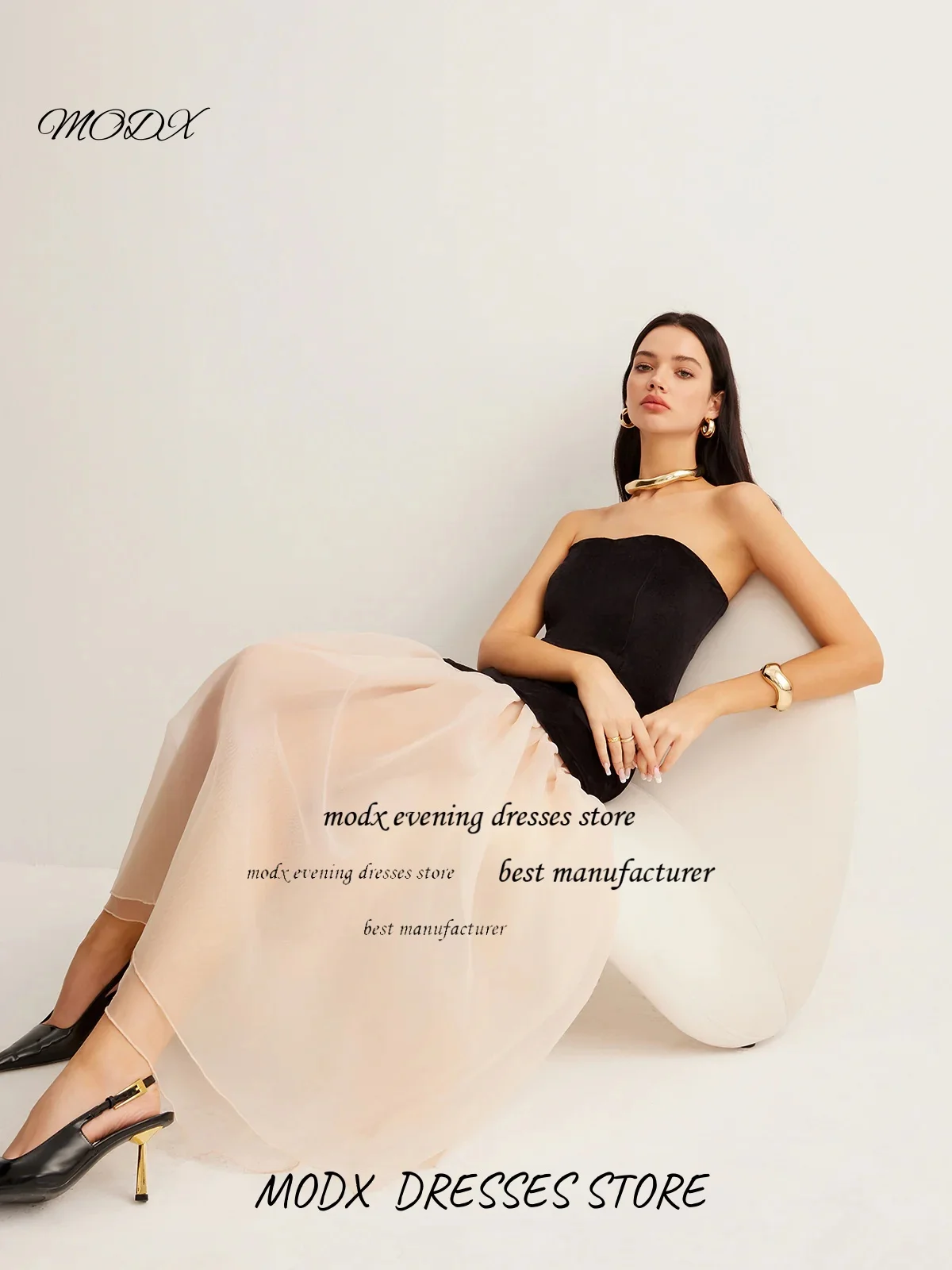 MODX Maßgeschneiderte elegante Ballkleider aus Satin und Chiffon, schulterfrei, ärmellose Ballkleider, rückenfreie Abendkleider in A-Linie