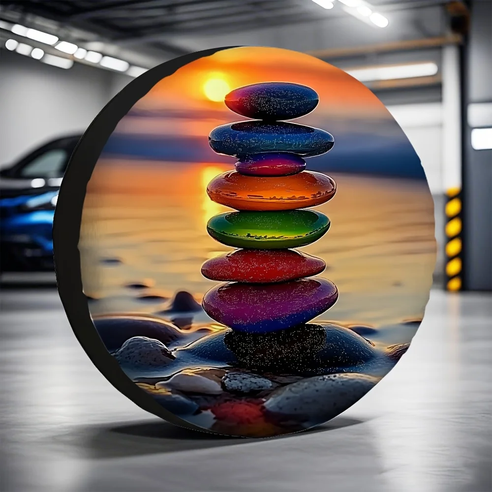 1pc Pebble Sunset Beach Tire Cover - 100% Polyester, Vibrant Stacked Stones Design, Fits Most Gas Station Parking Spaces, Outdoo