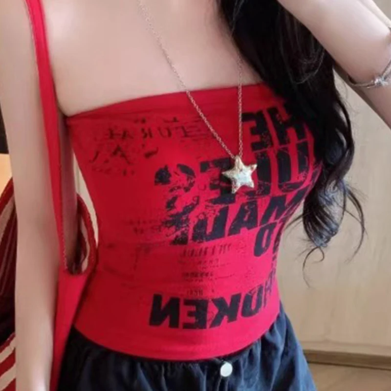 Sexy Crop Top Vest Letter Print American Style Retro Women's Inner Wear Top Summer Trendy Sleeveless Tank Top