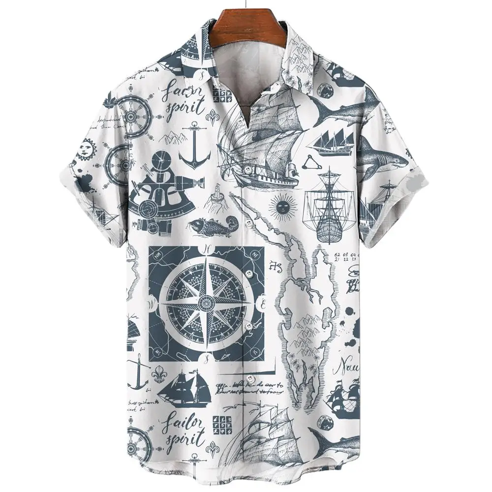 Retro Men\'s Shirt 3d Nautical Print Short Sleeve Shirt Top For Daily Casual Hawaiian Shirts For Men Fashion Oversized Shirt 2024