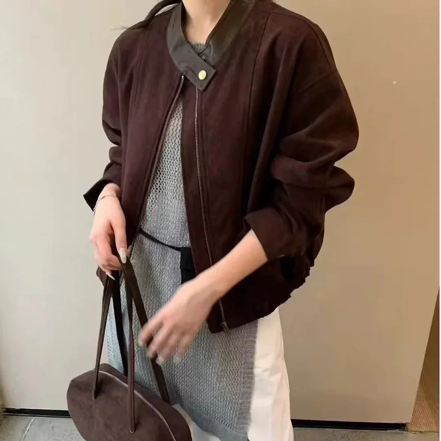 캐주얼 라운드 네 스플라이스 가죽 사슴가죽 벨벳 자켓 여성용 가을 겨울 한국 스타일 심플 레트로 슬림핏 탑