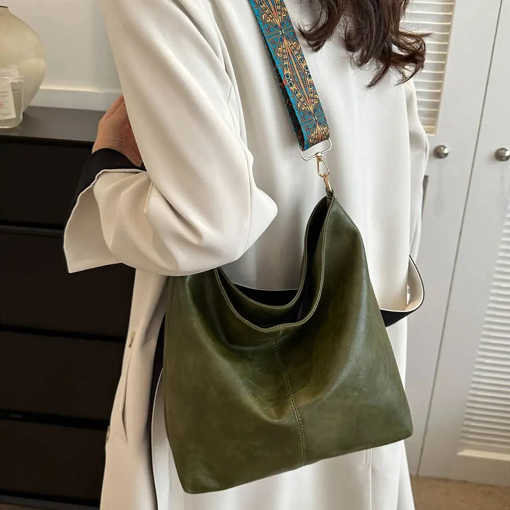Damen Vintage PU-Leder Schultertasche Große Kapazität Hobo-Tasche Lässige Umhängetasche Tägliche Pendler-Einkaufstasche in Unifarbe – Detail 5