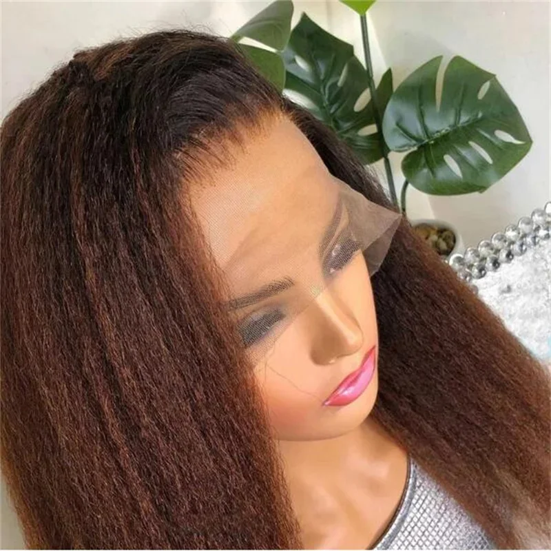 Yaki Kinky Straight Lace Front Wig para mulheres, peruca sintética pré-arrancada, cabelo longo de bebê, marrom ombre, resistente ao calor, densidade