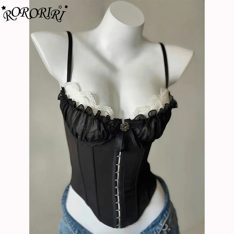 

RORORIRI Черный прозрачный лиф, женский корсет с рыбьей косточкой, топ, сексуальный прозрачный сетчатый корсет с рюшами и кружевной отделкой, укороченный топ на выход, бюстье, клубные топы