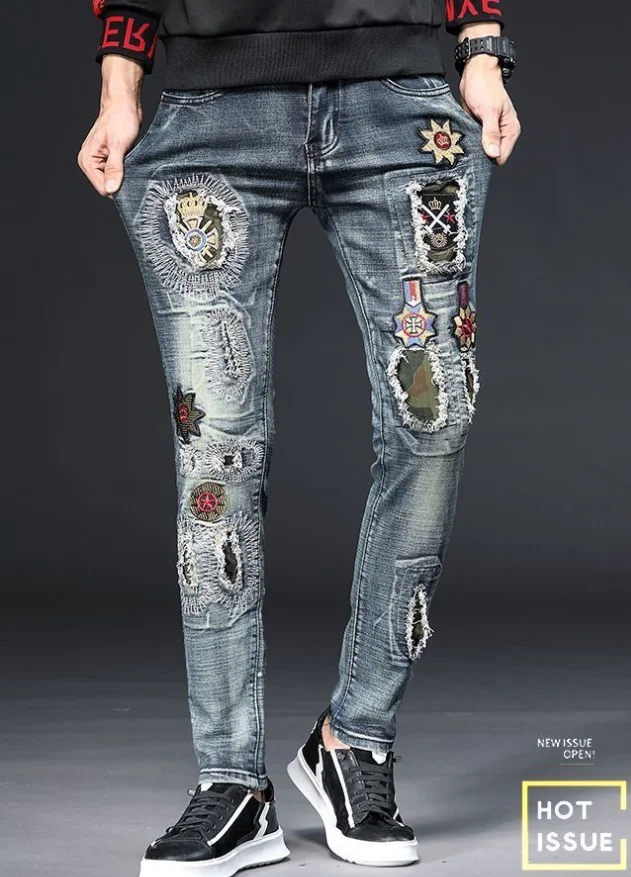 

Punk Style Jeans With Holes Patch,Men Embroidered Slim Fit Elastic Jeans, Personalized Small Feet Patch Beggar Pants