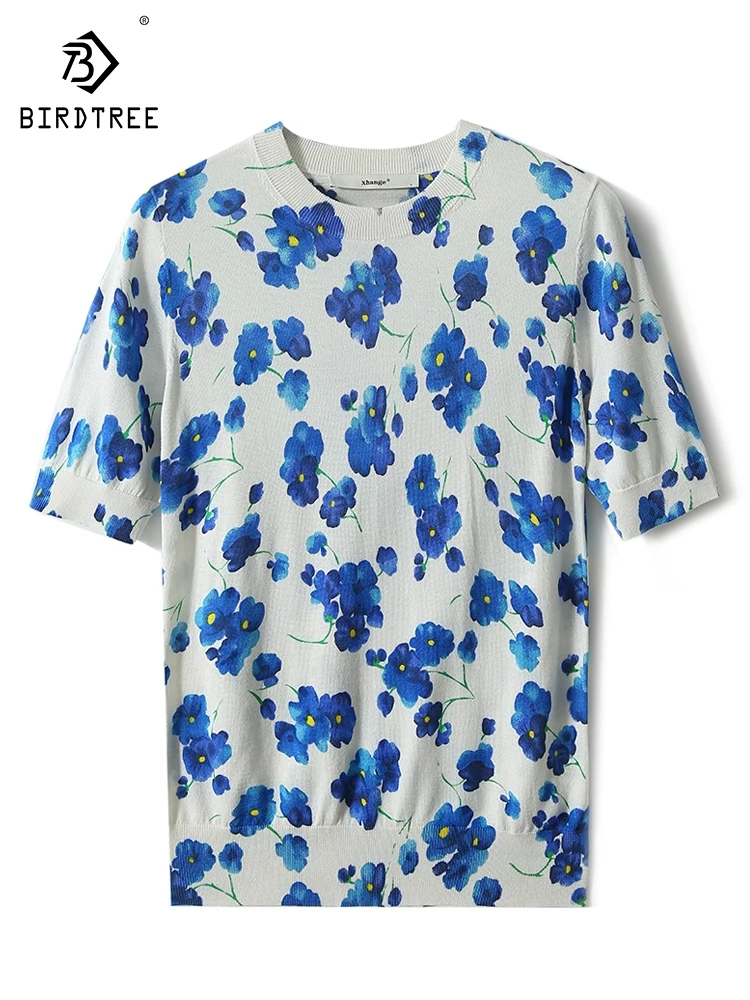 BirdTree, 16G 100%Mulberry Silk Elegant Knit T-Shirt, Women Short Sleeve Floral, Commute Versatile Tops, Summer Autumn T49103QC