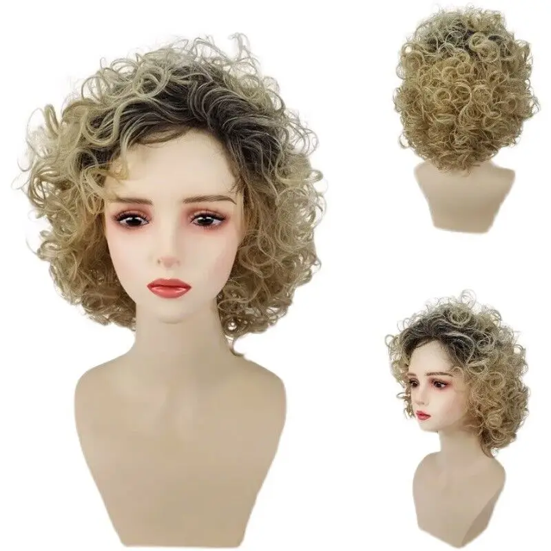 Fashion Short Curly Wig Synthetic Girl Black Blonde Wavy Hair Wigs