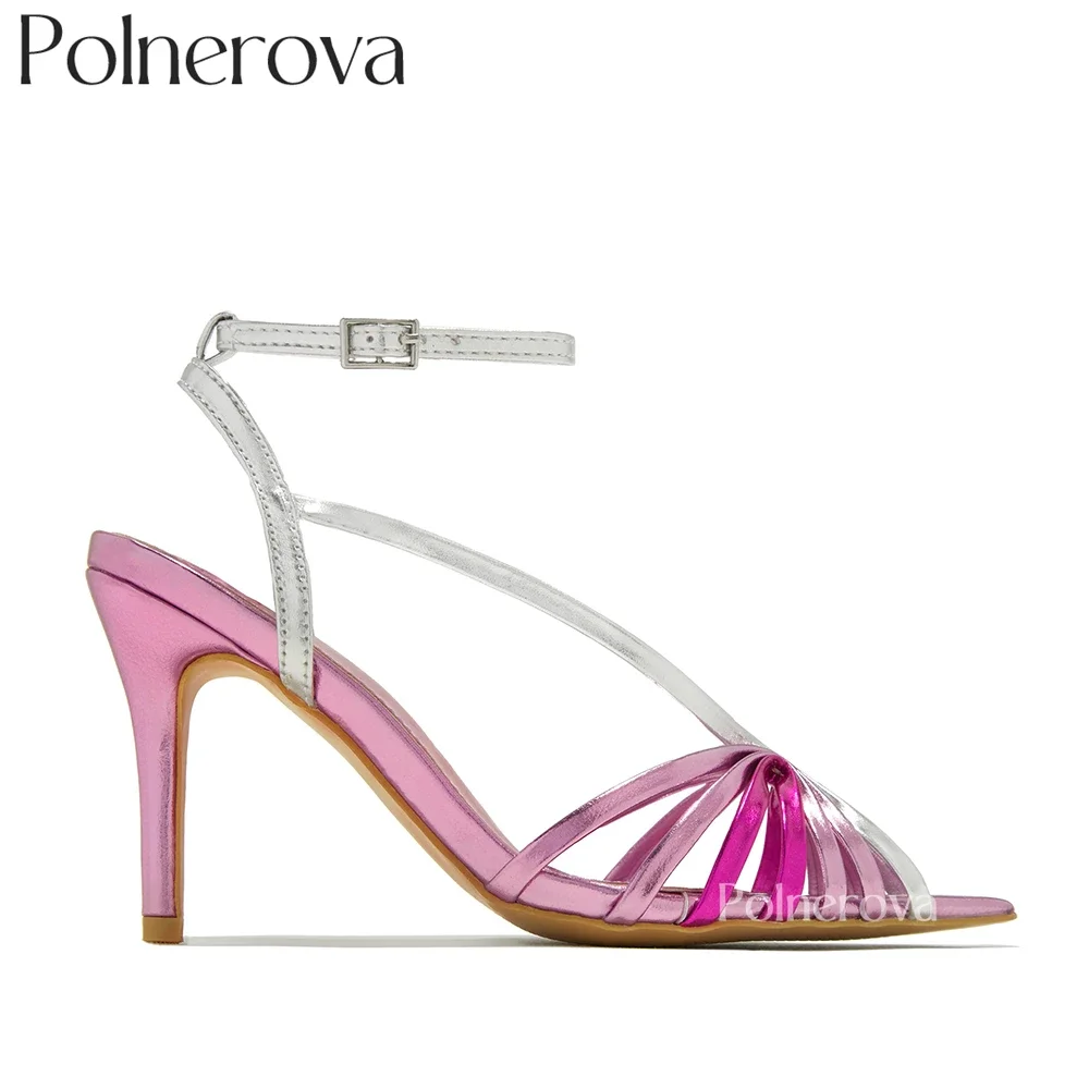 Metallic Finish Ankle Strap Sandals Pointed Toe Heels Color Block Stiletto Summer Sandals Open Toe Elegant High Heels for Women