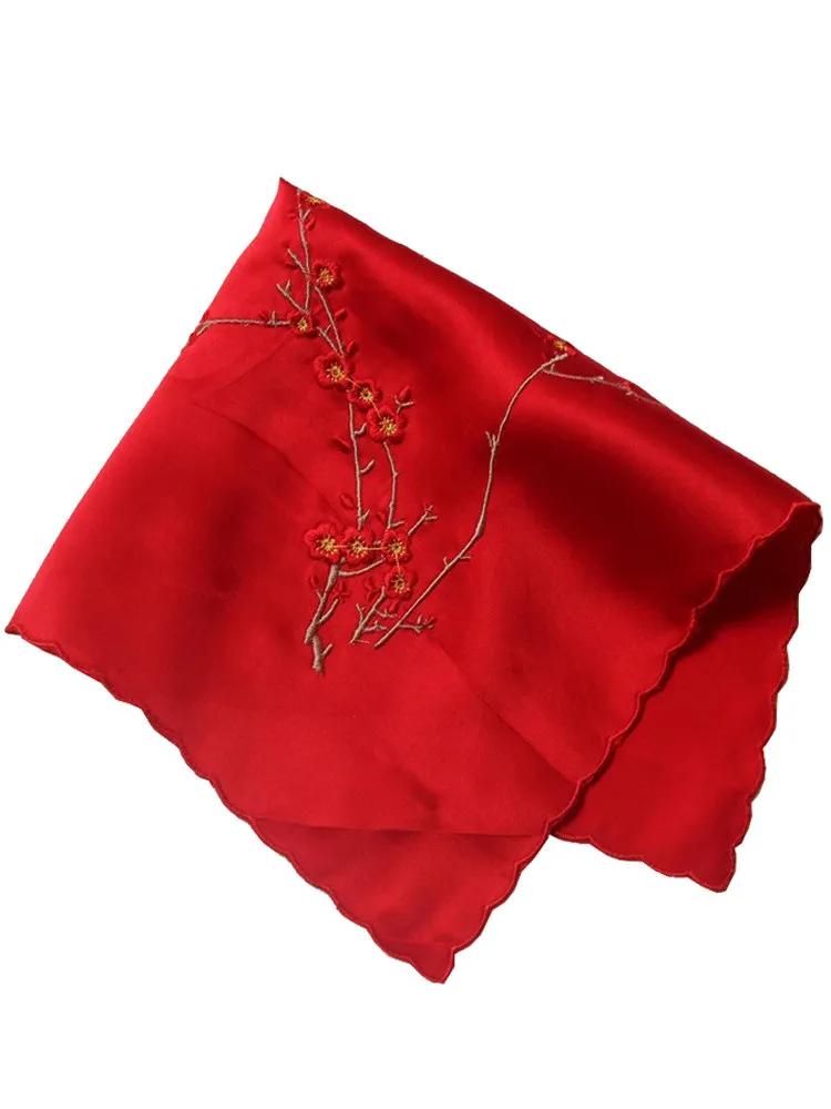 Chinese Vintage Style Embroidered Floral Mulberry Silk Handkerchief Auspicious Lucky Portable 30cm Square For Women Daily Gift