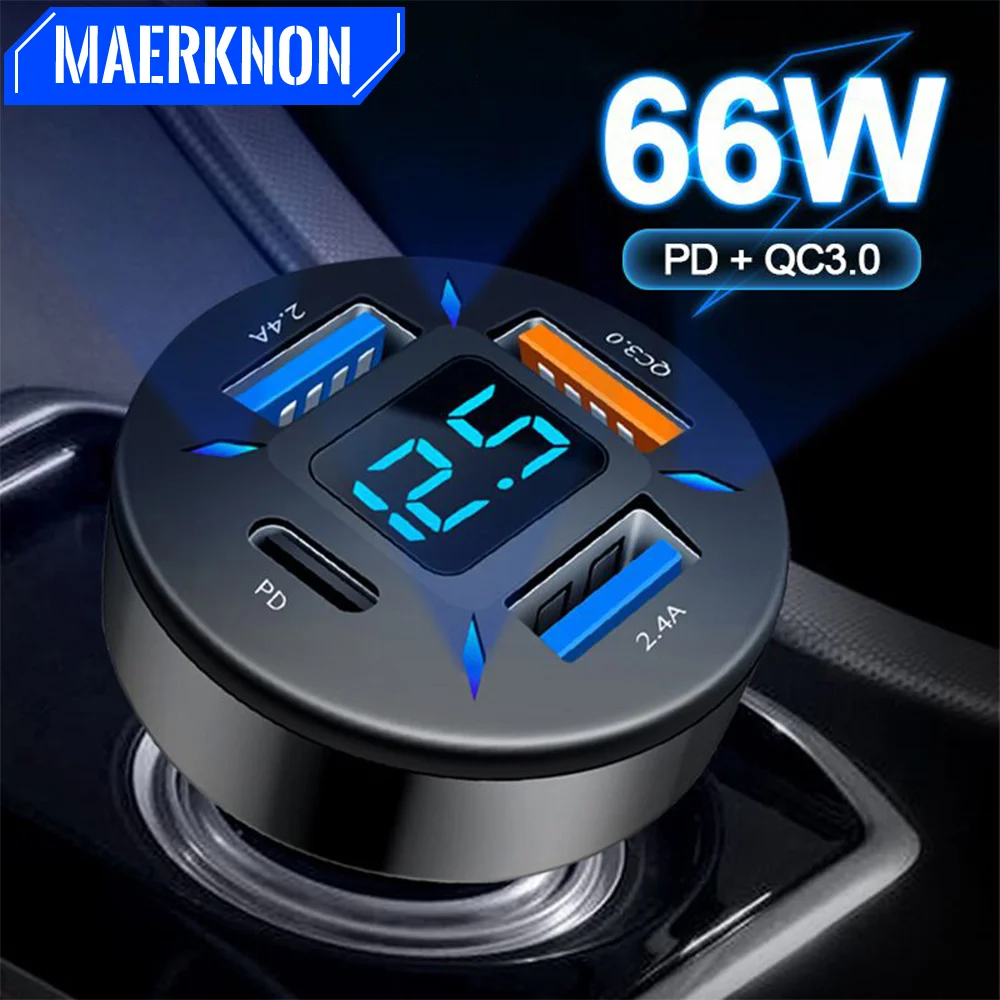 66W Fast Phone Charge Cigarette Lighter Adapter With Digital Display 4 Ports USB A+USB C Car Charger For iPhone Xiaomi Samsung