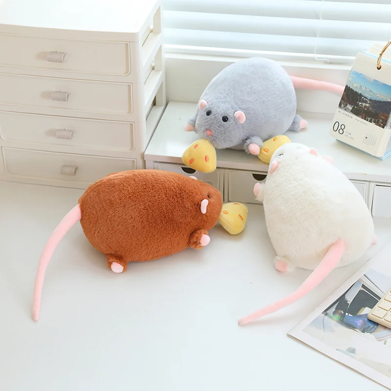 Cartoon Rat Stuffed Animal Long Pink Tail Yellow Cheese Accent for Nightstand Desk Display Bedroom Decoration Interior