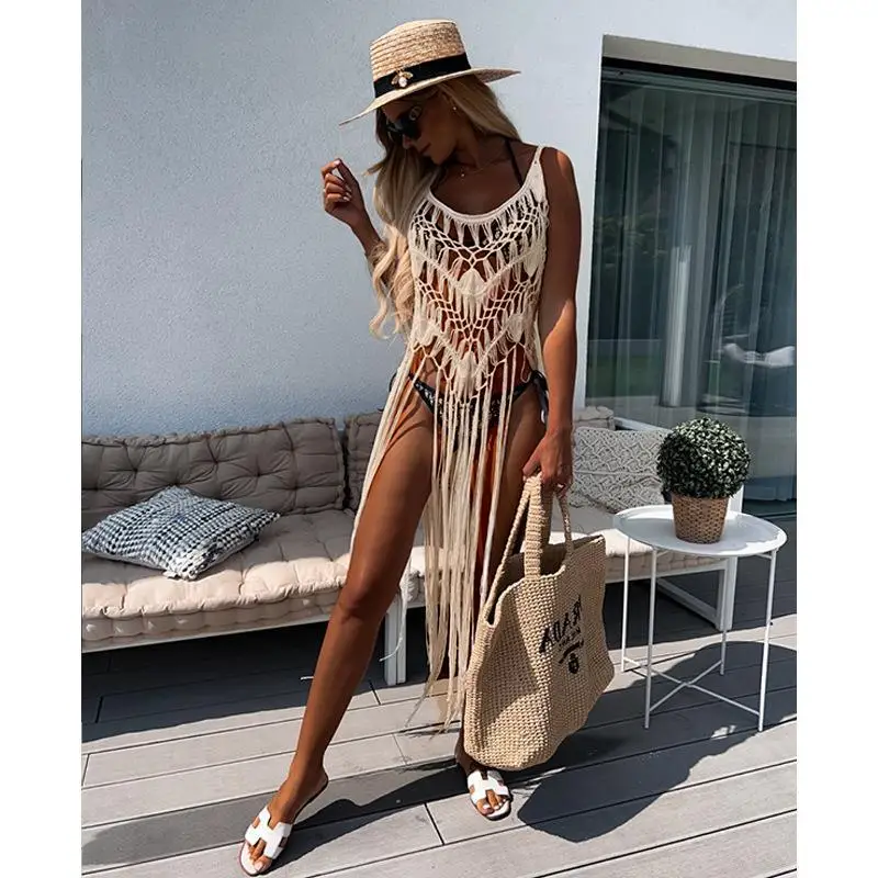 2024 Beach Cover Ups for Swimwear Women Sexy Hand Hook Hollow Out Sunscreen Shirt with Long Tassel Beach Cover