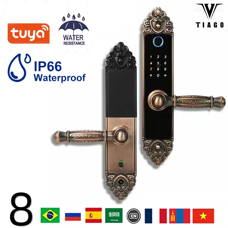 

High end European style TUYA Wifi Electronic Smart Door Lock/Biometric Fingerprint / Smart Card Password Key Unlock USB Charge