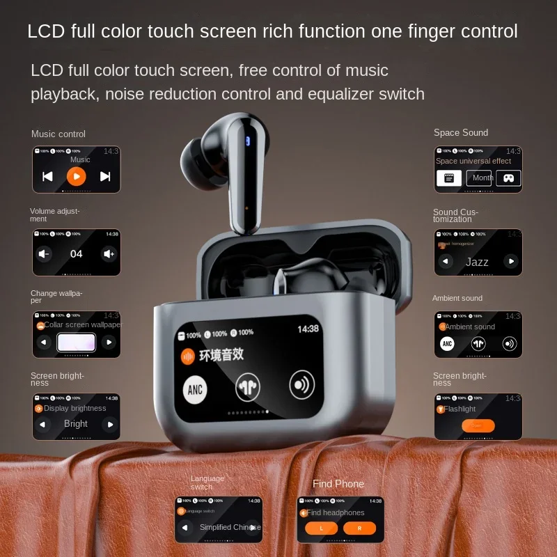 Bluetooth earphones wireless Huaqiangbei noise cancelling original new LCD full-color touch screen in ear sports earphones