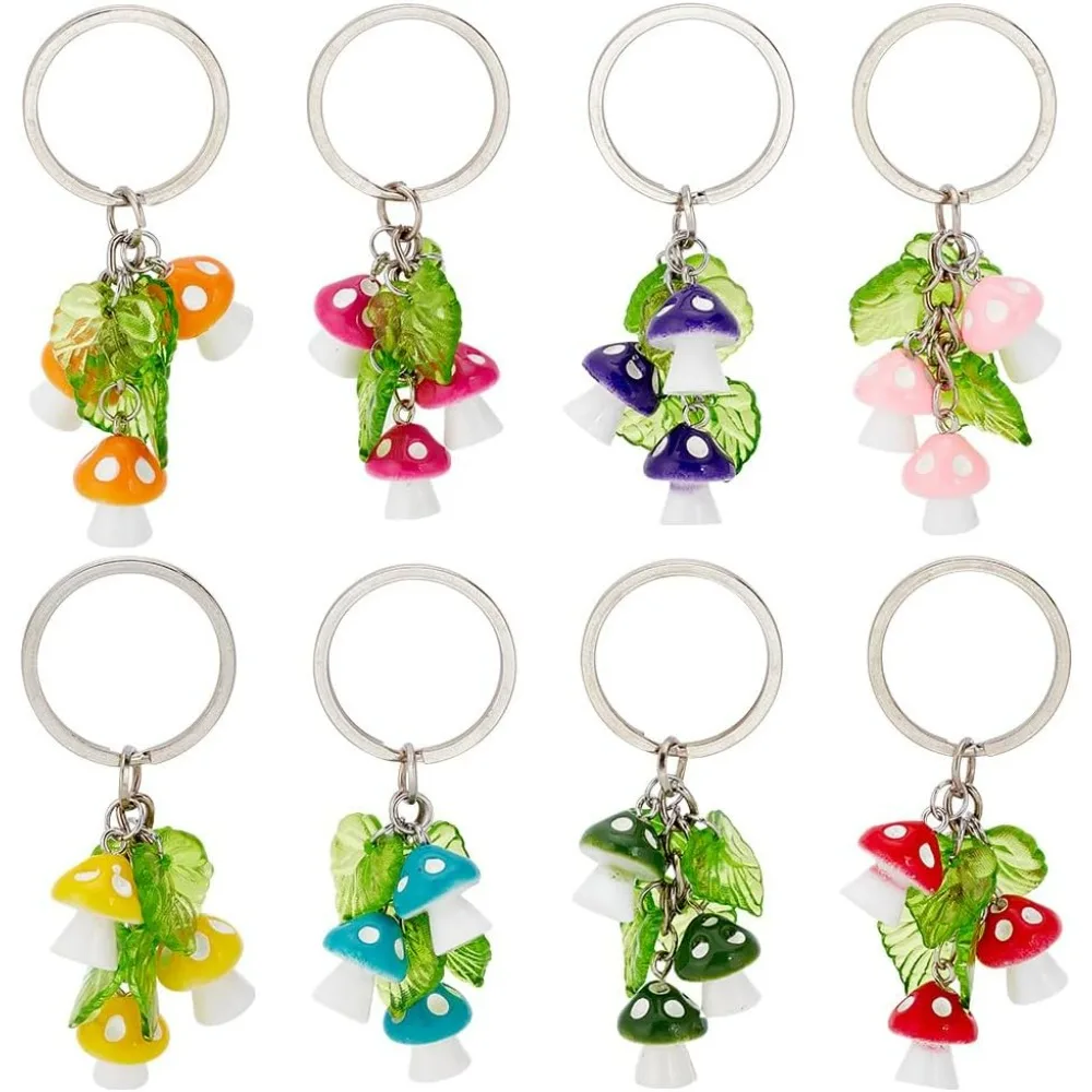 8pcs Resin Mushroom Keychain 3D Pendant Charms Keyrings 8 Colors Plastic Transparent Leaf Plants Hanging Pendants Lanyard for