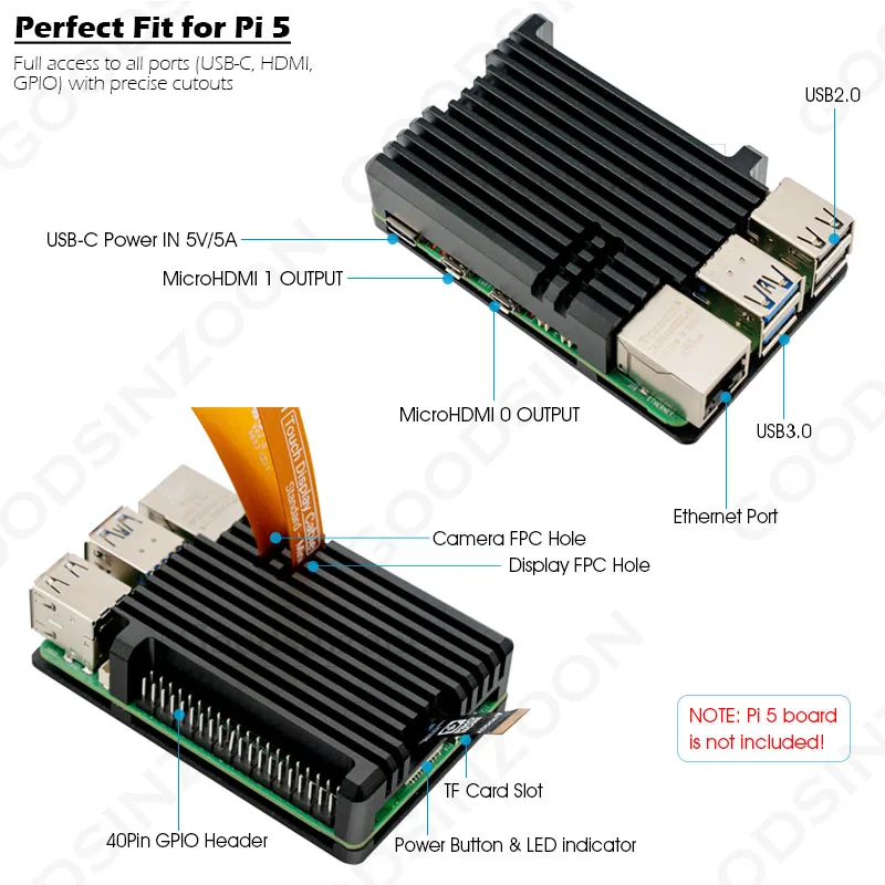 라즈베리 파이 5 알루미늄 아머 케이스 - 열 테이프 및 GPIO 헤더가 있는 수동 냉각 방열판 쉘 (Pi 5 4GB/8GB 미포함)