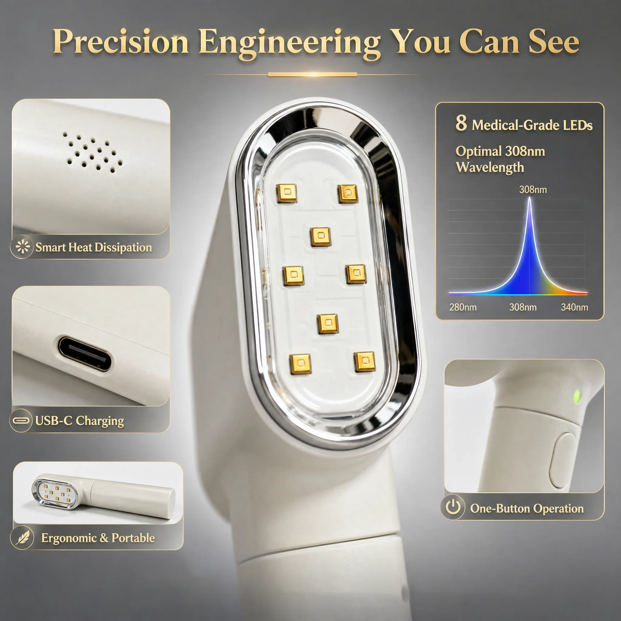 Home Handheld 308nm UVB Light Therapy Lamp for Vitiligo Psoriasis Eczema Skin Pigment Spots Phototherapy Treatment