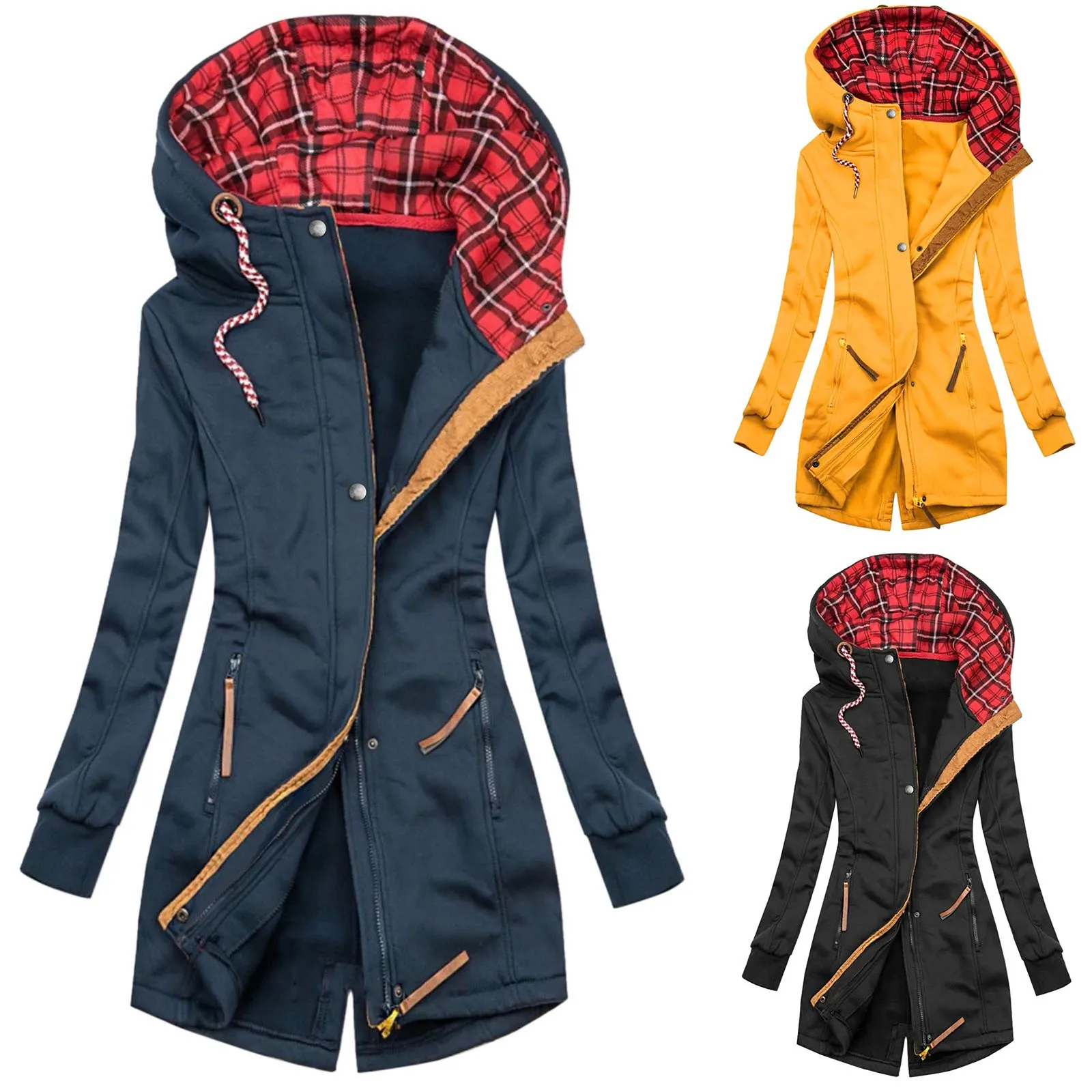 Women Casual Solid Color Long Coat Waterproof Zipper Rain Jacket Solid Color Outdoor Mountaineering Hooded Windproof Windbreaker