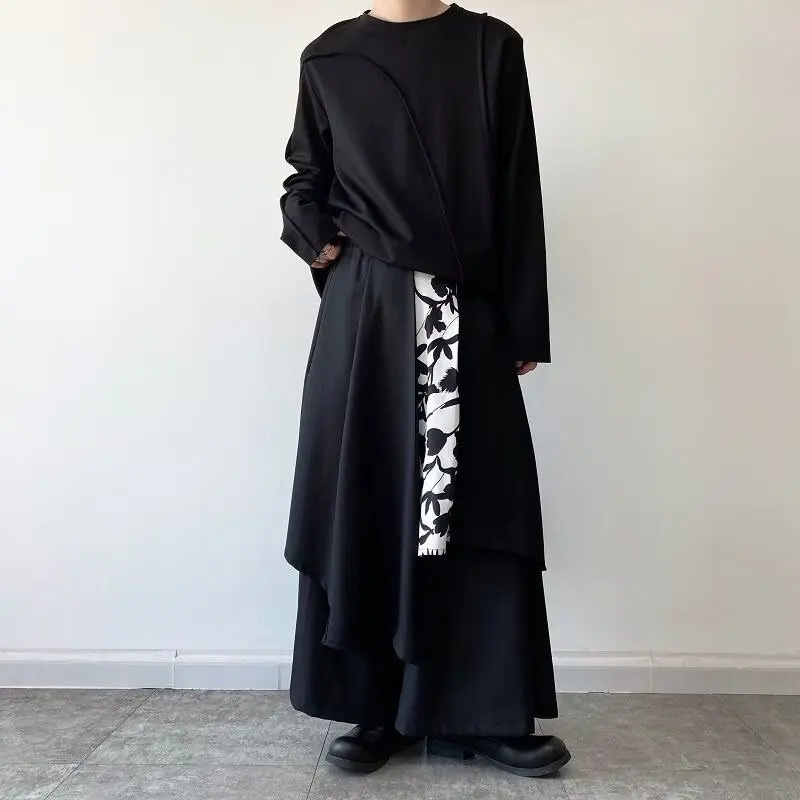 Korean Style Trousers New Men Pantalons Design Casual Streetwear Male Fake Two-Piece Wide Leg Long Pants Man Skirt Pants