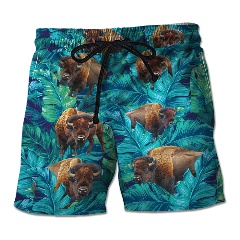 Homens Hawaiian Bison 3D impresso calças curtas, calças de vaca de praia, vacas, troncos Aloha, roupas engraçadas, calças