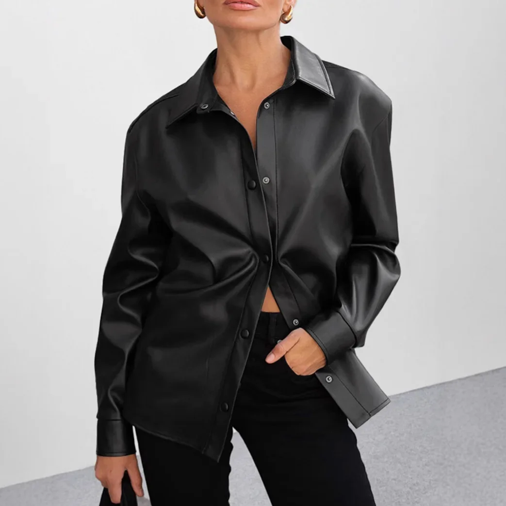 2025 الخريف والشتاء الرجعية الأسود بولي Leather سترة جلدية المرأة الجديدة الراقية سترة جلدية أعلى الملابس النسائية المتوسطة والطويلة