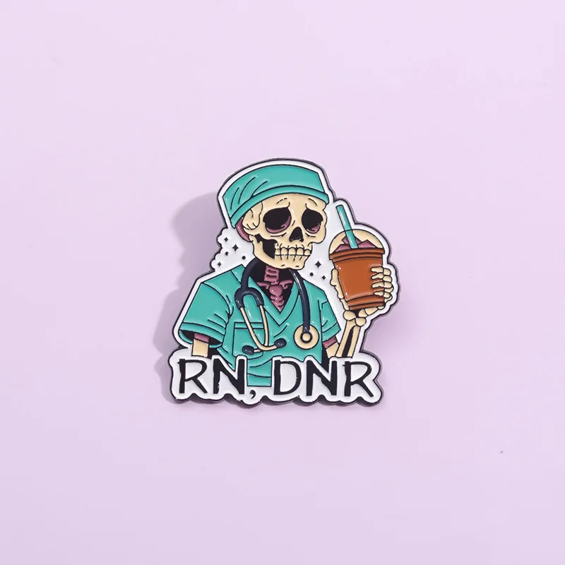 Funny RN DNR Skeleton Nurse Brooch Gothic Medical Worker Enamel Pin Unique Gift For Nurses & Nursing Students view 5