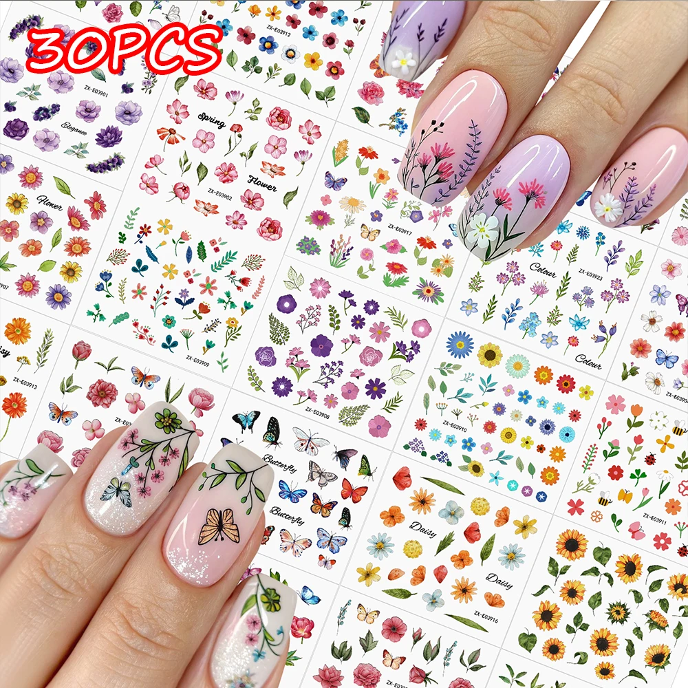 

30pcs Mini Fresh Flowers Nail Stickers Sunflower Rose Violet Butterfly Branches Spring Nail Decals Colorful Floral Plant Sliders