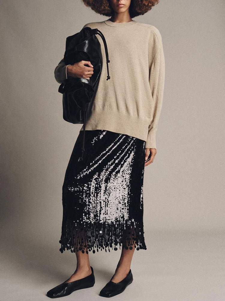 

Fashion Sequins Tassel Half Skirts Temperament High Waist Loose A-line Skirt Hot Girl Solid Color Commute Long Skirts Autumn New