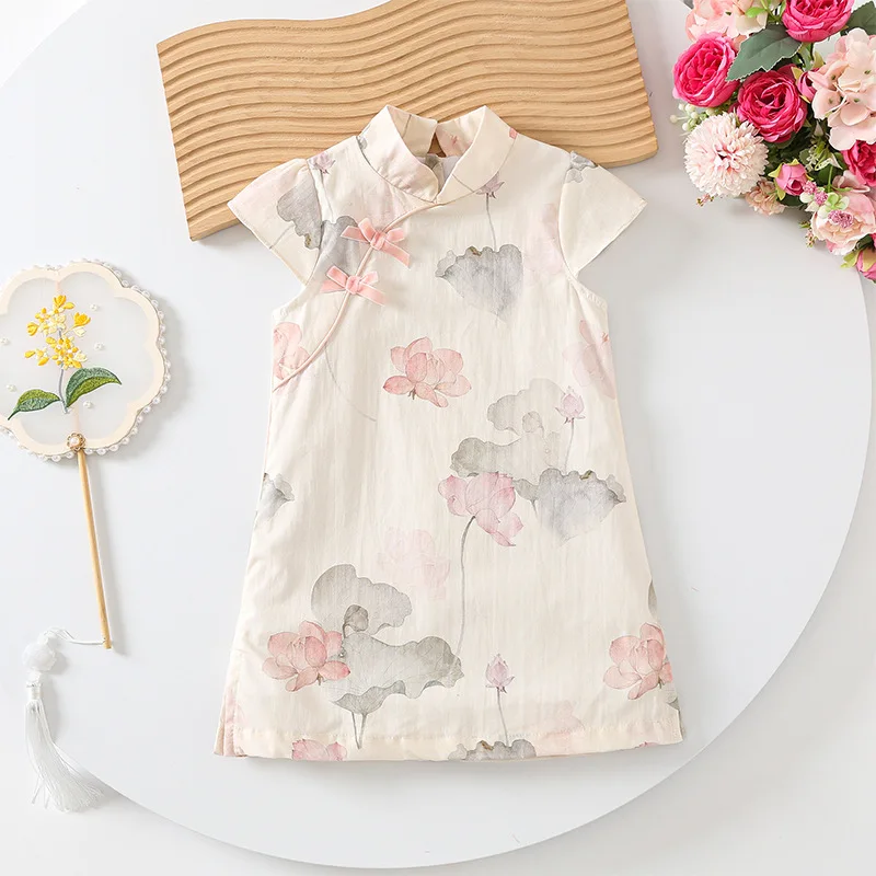 Chinese Style Girls Dress Cheongsam Qipao Dress Cute Cotton Princess Dress Traditional Elegant Outfit for Toddler Kids Girls