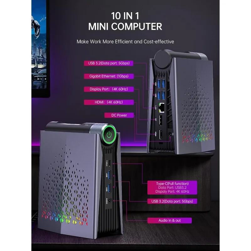 كمبيوتر ألعاب صغير S3A، Ryzen 9 6900HX، 16 جيجابايت DDR5 512 جيجابايت NVMe SSD، أجهزة كمبيوتر صغيرة مع أضواء AMD Radeon Graphics RGB