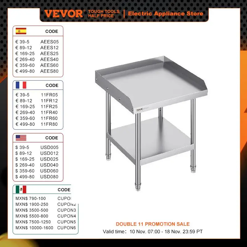 VEVOR Mesa de Trabajo de Acero Inoxidable, Mesa de Trabajo Comercial para preparación de Alimentos, Protector contra Salpicaduras de 3 Lados, Mesa de Cocina de 610x610x660 mm, Mesa de Trabajo de Altura Ajustable para H