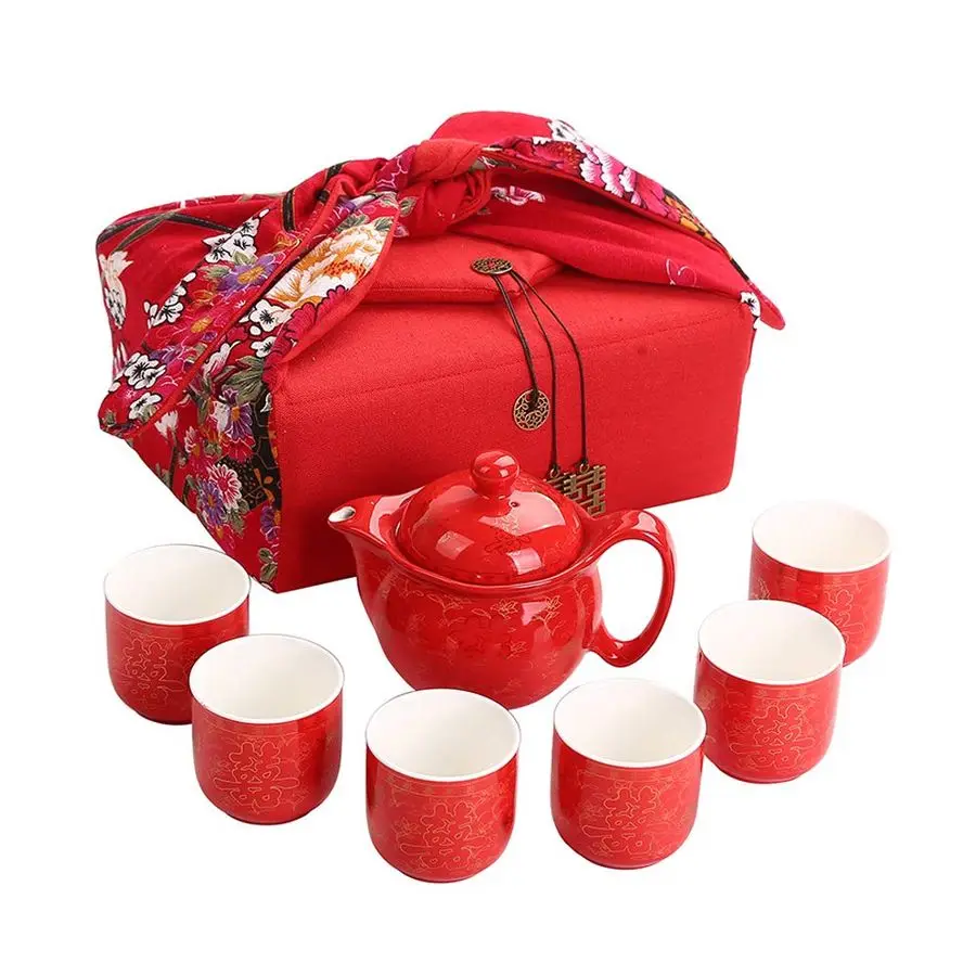 

Traditional Wedding Decoration Supplies Double Happiness Porcelain Tea Set Teapot and Tea Cup 7 Pcs, Red Wedding Porcelain Tea S
