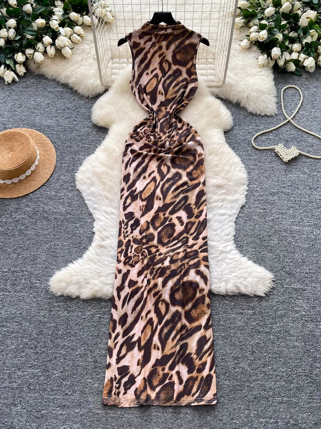 Sexy High-Waist Leopard Print Sleeveless Dress Women's Summer Fashion Tight-Fitting City Commute A-Line Skirt Style Dress