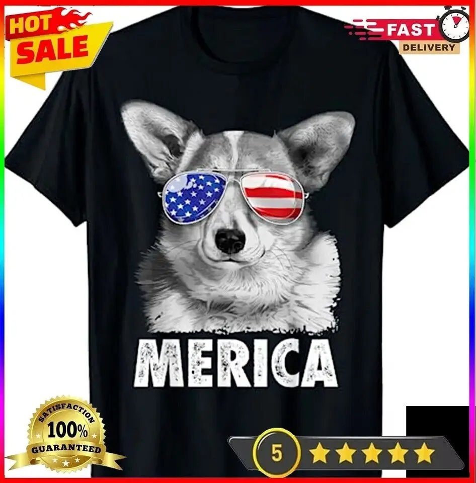 Corgi 4th of July Shirt Merica Men Women USA American Flag T-Shirt NEW