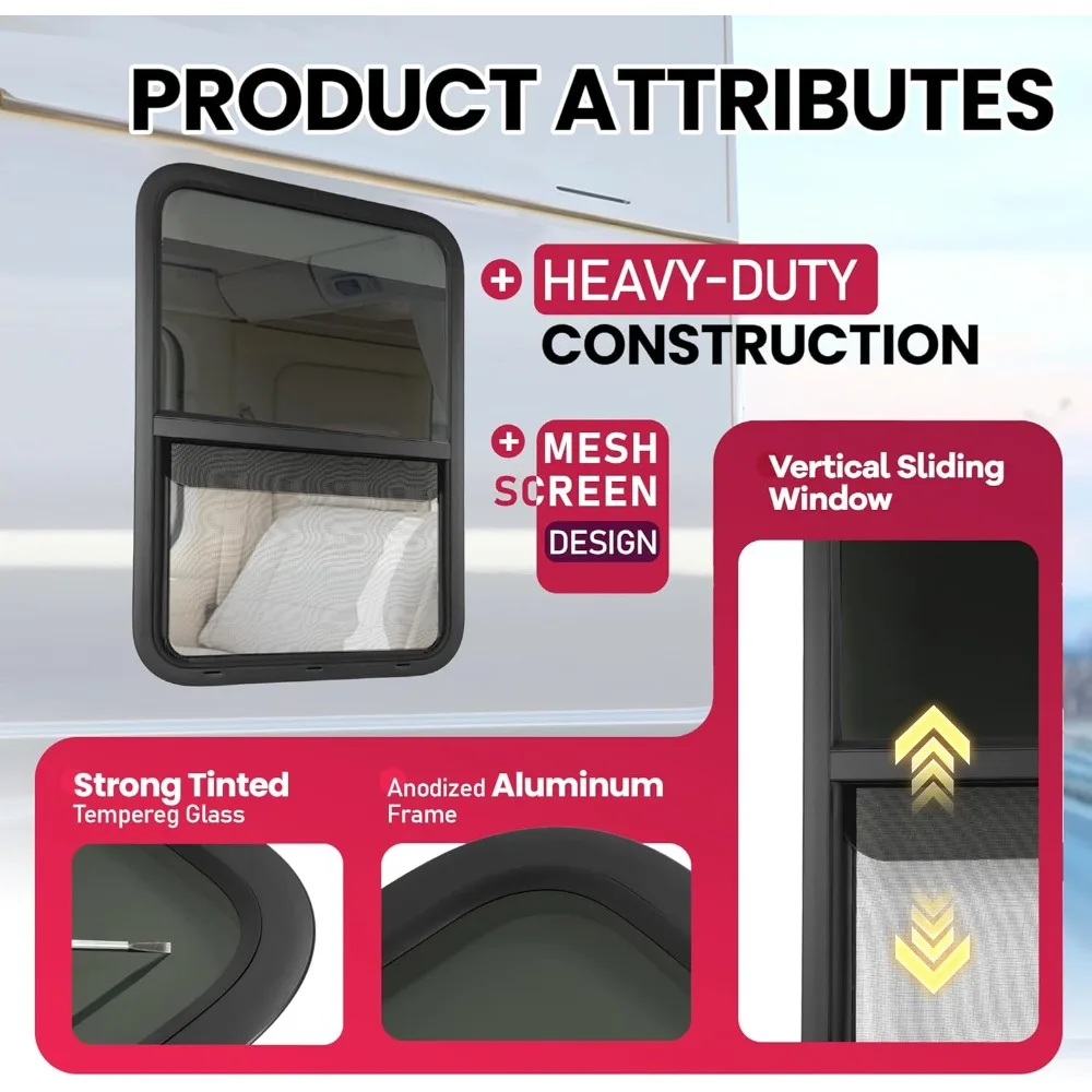 24 Wide x 36 High Vertical Slide RV Window Replacement with Screen for Cargo, Travel Trailer, and Camper
