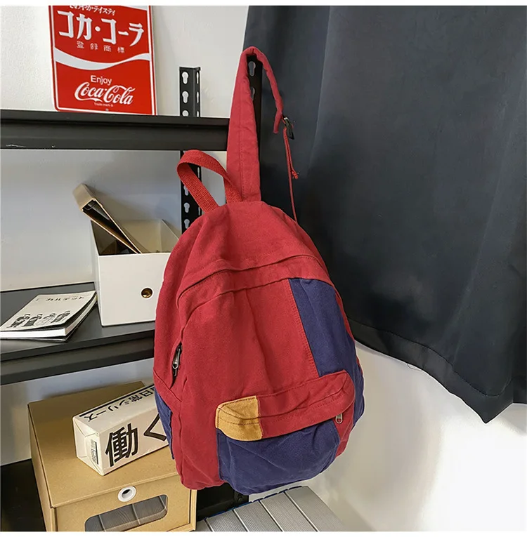 Contrast Color Block Canvas Backpack Large Capacity Casual School Travel Rucksack for Student Daily Use
