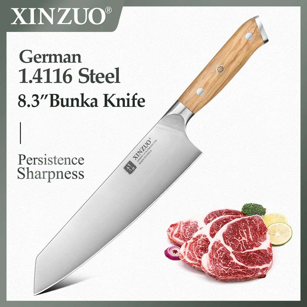 XINZUO German 1.4116 Stainless Steel Bunka Knife 8.3 Inches Slicing Knife Meat Cleaver Core Hardness 56-58HRC Kitchen Tool