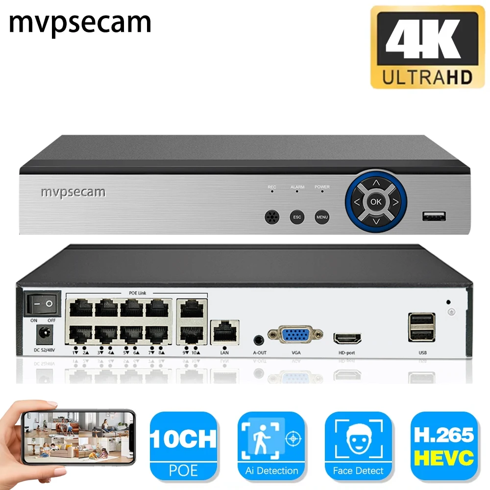 

H.265+ HEVC 10CH CCTV NVR 8MP 5MP 4MP 2MP IP Network Video Recorder For Surveillance Camera System Kit XMeye App Remote Access